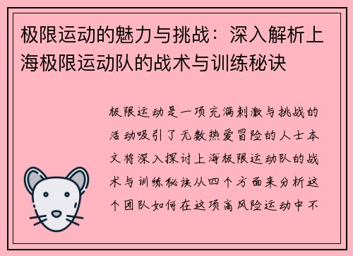 极限运动的魅力与挑战：深入解析上海极限运动队的战术与训练秘诀